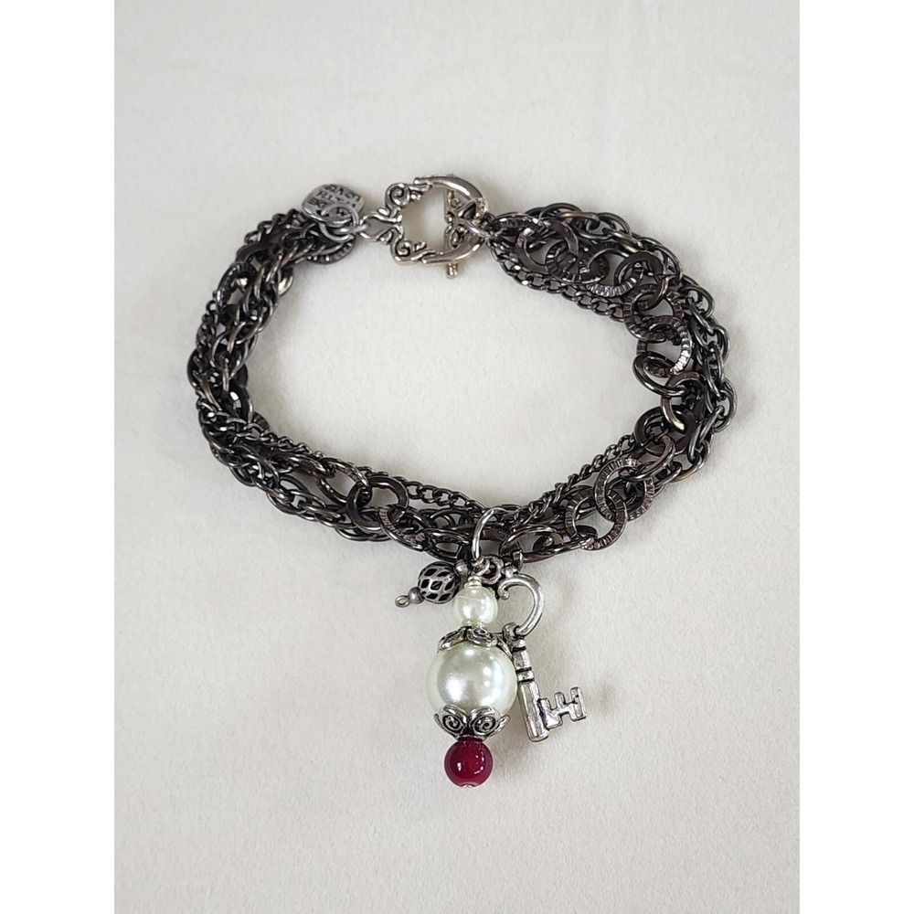 MADE WITH LOVE Signed T Charm Bracelet Multi-Strand Key Faux Pearl Gunmetal Grey